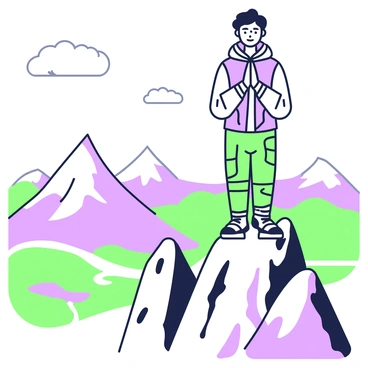 An adventurer is standing on a mountain peak, dressed in rugged outdoor clothing with a hood. The individual has an expression of focus and reverence, with hands clasped together in silent prayer. The mountain peak is jagged and rocky, surrounded by a vast landscape below. In the distance, other mountain ranges are visible, with valleys and forests stretching out beneath the clear sky. The sunlight casts soft shadows on the terrain, enhancing the natural beauty of the scene. The adventurer stands confidently at the edge, embodying a sense of connection with nature.