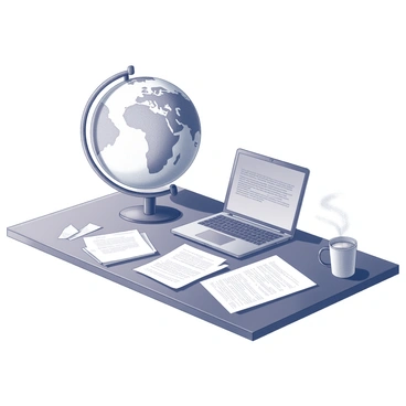 A globe resting on a wooden desk. The globe is detailed, showing geographic features. Next to the globe, there is a laptop open, displaying a visible screen with text. A coffee cup is placed nearby, with steam rising from it, suggesting warmth. Scattered papers are spread across the desk, some partially folded, others with writing visible. The arrangement creates a busy, studious atmosphere.