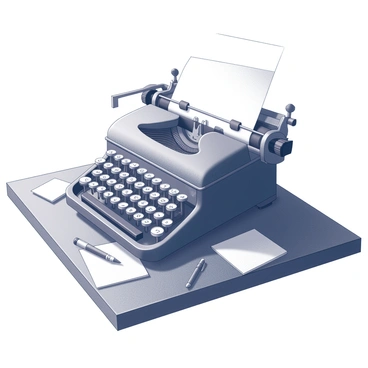 An old-fashioned typewriter is positioned on a wooden desk. The typewriter features round keys and a vintage design, showcasing intricate details like the metal arms that lift the letters as they strike the paper. A blank sheet of paper is inserted, resting on the roller, with the top edge slightly curled. The desk has a few scattered sheets, a small, worn notepad, and a vintage ink pen nearby, adding to the nostalgic atmosphere. A faint sunlight casts shadows across the desk, highlighting the typewriter's curves and textures.