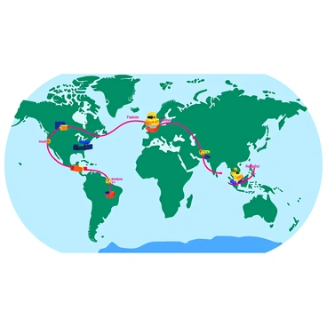 A colorful world map displaying the continents and oceans prominently. Major shipping routes are depicted with bold, curved lines connecting various ports around the globe. Each shipping route is marked with bright colors for clarity. Key cargo connections are represented with small icons, such as containers, ships, and cranes, near relevant ports. The map includes labels for major cities and shipping hubs in a clear, easy-to-read font, enhancing the overall understanding of global trade networks.