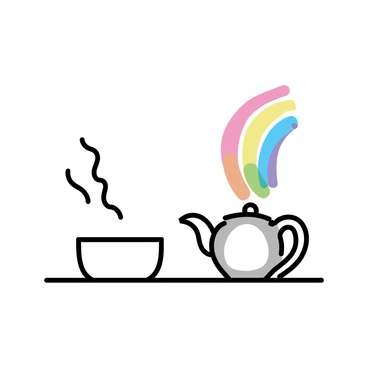 A cup of tea with a rainbow pouring from the spout of a teapot