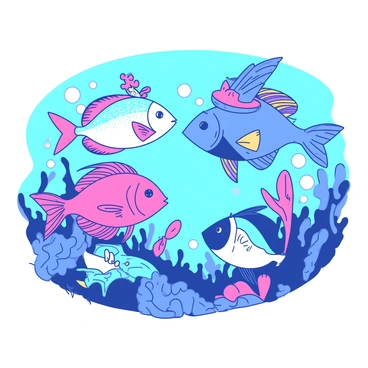 A vibrant underwater scene features several fish with unique and colorful fins. Each fish is adorned with creative accessories like sparkling necklaces, elegant hats, and playful bows. The fish swim gracefully through a clear blue ocean, showcasing their fashionable fins. Bubbles float around them, adding to the lively atmosphere of the underwater fashion show. Bright coral formations and seaweed can be seen in the background, providing a rich habitat for the fashionably dressed fish.