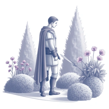 A figure resembling a warrior is standing in a garden. He is wearing a detailed tunic and a cloak, with a sword sheathed at his side. The garden is filled with various plants and flowers, each detailed with intricate shapes and textures. The warrior is gazing at the vibrant blooms, showing a moment of contemplation. The background features a variety of leafy trees and bushy shrubs, creating a lush environment.