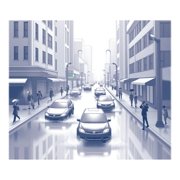 A bustling city street submerged in rainwater with cars and pedestrians navigating through the flood