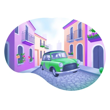 An antique car driving through a historic street with cobblestones and old buildings