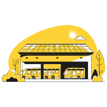A large, modern bus garage with a spacious roof covered in yellow solar panels. The structure has clean lines and large windows, emphasizing its eco-friendly design. Several buses are parked in front of the garage, each with black and yellow branding, reflecting a commitment to sustainability. Surrounding the garage, a green landscape includes trees and bushes, reinforcing the environmentally friendly theme. Bright sunlight illuminates the scene, highlighting the innovative use of solar energy on the roof.
