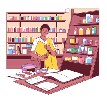 An artist is standing in an art supply store, surrounded by shelves filled with various products. The artist is holding a yellow sketchpad in one hand and examining a range of colorful paints displayed on a nearby shelf. The paints are arranged in neat rows, showcasing vibrant hues of various colors, while tubes and jars of paint in different sizes populate the surrounding area. A few open sketchpads are scattered on a table, displaying unfinished sketches. The store has a warm atmosphere, enhanced by the colorful items that draw attention throughout the space.