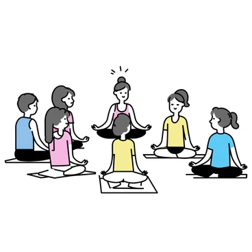 A group of six participants in an aerobics class, all wearing colorful workout attire. They are sitting in a circle on yoga mats, with their eyes closed. Each participant has a relaxed expression, showcasing a sense of calm after the workout. The instructor, positioned in the center, is guiding the meditation with a serene demeanor. Soft, muted colors dominate the scene, emphasizing the tranquility of the moment. The background is minimal, focusing on the group in meditation.