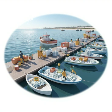 An aerial view of a busy cod fishery with several fishing boats docked along the water's edge. The boats are various sizes, with some displaying bright colors like red and blue. Workers can be seen on the decks of the boats, wearing waterproof clothing and gloves, sorting freshly caught fish into bins. The surrounding area is bustling with activity, including crates stacked high with cod. In the water, you can see the ripples created by the movement of the boats. The scene is filled with fishing gear and equipment scattered around, emphasizing the industrious nature of the fishery. The coastline is visible in the background, with the sun shining brightly overhead.