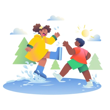 Two kids are splashing each other joyfully in a large puddle on a sunny day. One child, a girl with curly brown hair tied in pigtails, is wearing a bright yellow raincoat and blue rubber boots. She is laughing as she lifts her foot to splash water towards her friend. The other child, a boy with straight black hair, is dressed in a red t-shirt and green shorts. He is crouching down, ready to jump into the puddle, sending droplets flying into the air. Sunlight is sparkling off the water, creating a lively and cheerful atmosphere. In the background, there are a few green trees and a clear blue sky dotted with fluffy white clouds.