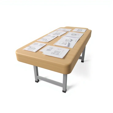 A wooden exam table with a smooth surface is covered in several rapid concept sketches. Each sketch features a different design, showcasing various objects and ideas. The sketches are drawn in pencil, with clear lines and annotations, giving a glimpse into the creative thought process. Some sketches are larger, while others are smaller and overlapped. A few crumpled papers are also present, hinting at revisions and brainstorming efforts. A bright overhead light casts soft shadows over the sketches, emphasizing their details and textures.