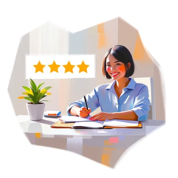 An illustration of a five-star review icon featuring five golden stars arranged in a line. In the foreground, a smiling customer with medium skin tone and short black hair is sitting at a desk, holding a pen over a notepad as they write a review. The customer is wearing a casual blue shirt and appears enthusiastic about sharing their experience. The background includes hints of a cozy and inviting environment, with soft lighting and a plant on the desk.