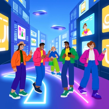 A group of diverse residents in a futuristic city is gathered, following a glowing digital trail on the ground. The trail glows in bright neon colors, leading them through sleek, shiny buildings with large, interactive screens displaying information. The residents, wearing modern, high-tech clothing, exhibit a range of emotions from curiosity to determination. Some of them are using hand-held devices to track the trail, while others look around, analyzing their surroundings. In the background, hovering vehicles move smoothly through the sky, and luminous advertisements illuminate the scene, creating a vibrant atmosphere.