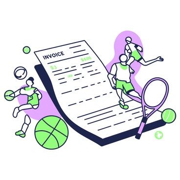 An invoice is lying on a flat surface, showing its standard format with lines for item descriptions and amounts. Scattered around the invoice are dynamic illustrations of various sports equipment. There is a green basketball, a purple tennis racket, and a green soccer ball, each vividly detailed. Next to the invoice, there are illustrations of athletes engaged in their respective sports. A basketball player is mid-jump, reaching for the hoop, while a tennis player is poised to serve. In the background, a runner is sprinting, and a soccer player is preparing to kick the ball. The athletes are depicted in action, capturing the energy and movement of their sports.