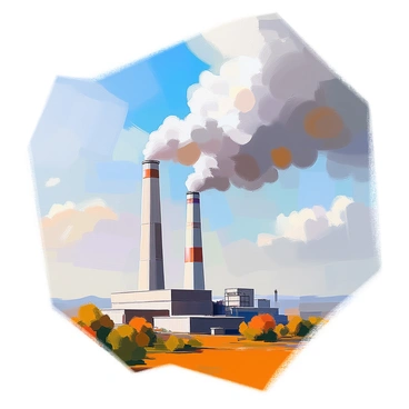 A scene depicting a prominent industrial chimney releasing thick, dark gray smoke into the sky, creating a stark contrast against the backdrop of fluffy, bright white clouds. The smoke billows outwards, creating an ominous plume that rises high, while the fluffy clouds are scattered and luminous, reflecting sunlight. The landscape below is filled with a mix of industrial structures and patches of greenery, emphasizing the juxtaposition of pollution and nature. The sky transitions from dark smoke to a vibrant blue, highlighting the differences in texture and color between the two elements.