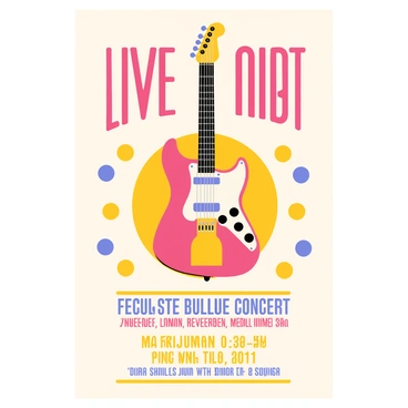 A retro concert poster featuring an electric guitar with a shiny finish in the center. The guitar is adorned with colorful patterns and has prominent strings that catch the light. Surrounding the guitar, there is bold typography that reads "Live Music Night" in large letters at the top. Below the guitar, there are additional details in smaller text, including the date and venue of the concert. The overall color scheme includes vibrant reds, yellows, and blues that evoke a nostalgic feel. The background is a subtle gradient that complements the colors of the guitar and typography.