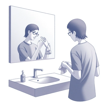 A person stands in front of a bathroom mirror. They are holding a cloth in one hand, carefully cleaning a pair of glasses with the other hand. The glasses are partially obscured by reflections in the mirror. A small bottle of eye drops is positioned nearby on the bathroom counter. The individual is leaning slightly forward, focusing on their reflection, as they prepare to apply the eye drops. The setting includes a sink with a simple faucet and a few toiletries scattered around the area. The scene captures the everyday act of self-care and personal hygiene.