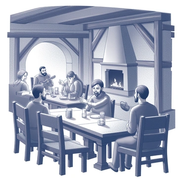 An interior of a medieval tavern filled with wooden beams and stone walls. Several tables are occupied by travelers, each engaged in animated conversation. One group sits in the corner, with a bearded man gesturing with his hands, sharing tales about a "fabled magical skin." Nearby, a woman leans in, her expression curious as she listens intently. A fireplace crackles in the background, casting flickering shadows. mugs of ale rest on the tables, and the scent of hearty stew wafts through the air. A bard plays a lute in the corner, adding to the lively atmosphere of the gathering.