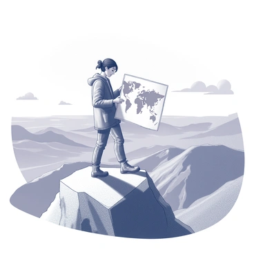 A traveler standing on a rocky mountain peak. The traveler is wearing a weathered jacket and sturdy hiking boots, with their hair gently tousled by the wind. They hold a world map, unfolding it with both hands while gazing intently at the vast landscape below. The landscape features rolling hills, distant valleys, and rugged terrain stretching into the horizon. The sky above is expansive, dotted with a few clouds, adding depth to the scene. The sunlight casts long shadows across the rocky surface, highlighting the details of the mountain.