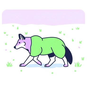A coyote with a thick winter coat is walking through a snowy field. The coyote has a bushy tail and pointed ears, with fur that appears fluffy and warm. Snowflakes are gently landing on its back, and its paws leave prints in the fresh snow. In the background, the field stretches out, covered in a smooth layer of snow, with a few sparse patches of grass peeking through. The sky above is a light shade, adding to the tranquil winter atmosphere.
