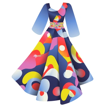 A striking dress design features an array of bold colors and intricate patterns. The dress has a fitted bodice that flares out dramatically into a voluminous skirt. It is adorned with swirling shapes and geometric motifs in shades of deep blue, vibrant red, and bright yellow. The fabric has a glossy sheen that catches the light, enhancing the vivid colors. The neckline is asymmetric, adding to the overall uniqueness of the design. The sleeves are elegantly draped, flowing gracefully down to the wrists. A detailed, multicolored belt cinches the waist, creating an hourglass silhouette. The background is simple to keep the focus on the dress.