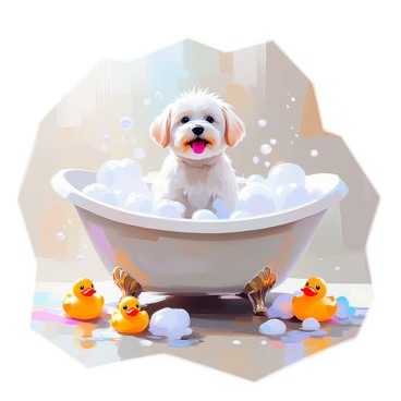 A minimalist drawing of a dog standing in a tub with soap bubbles
