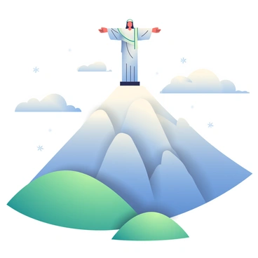 A iconic view of "Christ the Redeemer" statue stands tall atop a mountain surrounded by a blanket of light snow. The snowy peaks glisten under a pale blue sky with scattered clouds. The statue is illuminated gently by the soft winter sunlight, casting a serene atmosphere over the scene. Below the mountain, lush green hills are partially visible, creating a striking contrast with the snowy summit. Delicate snowflakes flutter gently in the air, adding to the winter ambiance. The scene captures the tranquil beauty of this rare winter landscape.