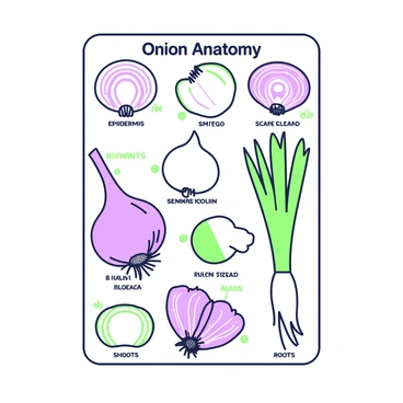 A botanical chart is displayed, featuring detailed drawings of "onion anatomy." The chart includes various parts of an onion, such as the bulb, layers, roots, and shoots, each labeled with clear text. The drawings are precise and include annotations indicating the different sections, like the epidermis, scale leaves, and fleshy layers. The background is plain, emphasizing the intricate details of the onion structures. Each drawing is presented in an organized manner, allowing for easy comparison and study of the onion's anatomy.