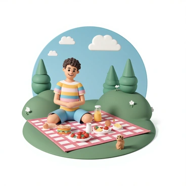 A whimsical character named "Mike," wearing a colorful striped shirt and blue shorts, is sitting on a red and white checkered picnic blanket spread out on the vibrant green grass of a park. He has curly hair and is smiling happily, surrounded by an assortment of picnic foods including sandwiches, strawberries, and a jug of lemonade. In the background, there are tall trees with bright green leaves and a clear blue sky with fluffy white clouds. Nearby, a small squirrel is curiously approaching the picnic spread.