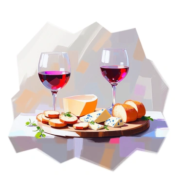 A wine glass filled with deep red wine stands elegantly next to a rustic wooden platter. The platter is adorned with an assortment of cheeses, including a creamy brie, sharp cheddar, and crumbly blue cheese, arranged artfully. There are slices of fresh baguette placed around the cheeses, and a few sprigs of fresh herbs add a touch of color. The wine glass catches the light, reflecting a glimmering hue, while the wooden platter has a textured surface that enhances the visual appeal of the scene.