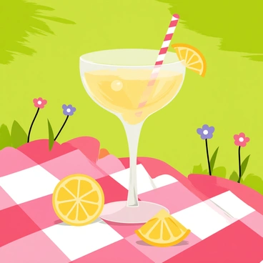 A coupe glass filled with a refreshing yellow lemonade sits prominently on a red and white checkered picnic blanket. The glass has a delicate stem and a smooth rim, with condensation glistening on the surface. Surrounding the glass are small slices of lemon and a colorful striped straw. In the background, green grass and a few scattered wildflowers create a vibrant setting, while the sunlight casts soft shadows, enhancing the cheerful atmosphere of the sunny park.