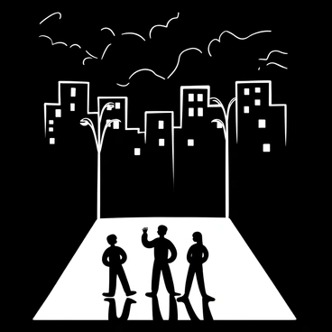A dark cityscape featuring tall buildings looming in the background. The scene is illuminated by streetlights casting long shadows on the pavement. Under the streetlights, shadowy figures are positioned in various stances, some standing still while others appear to be walking. The ground is wet, reflecting the light and shadows, enhancing the atmosphere of mystery and intrigue. The sky above is filled with an array of darkness, adding depth to the night scene.