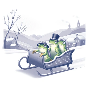 A family of frogs dressed in Victorian winter attire is enjoying a sleigh ride. The frogs are seated comfortably in a decorated wooden sleigh, with one frog wearing a top hat and another wearing a bonnet. They are surrounded by a wintry countryside scene, featuring gently rolling hills covered in snow. The trees are bare, their branches dusted with white frost. In the background, a quaint village can be seen, with smoke curling from chimneys. The sky is overcast, adding to the chilly atmosphere. Snowflakes gently fall, enhancing the winter ambiance of the scene.