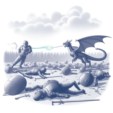 A battlefield filled with fallen knights in ornate armor, some lying on the ground and others propped against their shields. The ground is strewn with weapons, including swords and shields, creating a chaotic atmosphere. In the background, two dragons are engaged in a fierce battle, their wings spread wide and sharp claws extended. One dragon is rearing back to unleash a stream of fire, while the other is poised to strike. The sky above is filled with dark clouds, enhancing the tension of the scene.