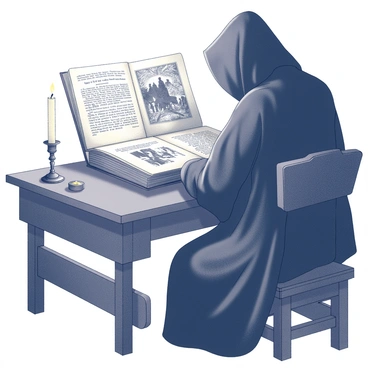 A shadowy figure sits at a wooden table, deeply engrossed in a large, ancient book of dark folk tales. The figure is cloaked in a flowing garment that obscures its features. Beside the book, a small candle flickers, casting eerie, dancing shadows across the walls. The pages of the book are worn and yellowed, with intricate illustrations depicting enigmatic scenes. The ambient light creates a mysterious atmosphere, illuminating only parts of the room around the figure.