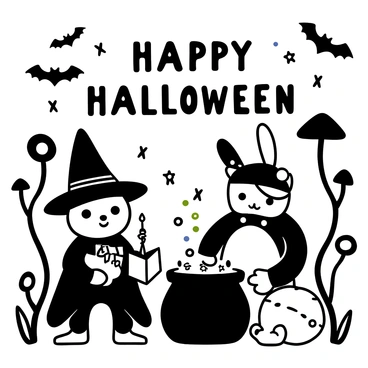 A collection of cute animals, including a bunny, a kitten, and a hedgehog, dressed in witch hats and cloaks. The bunny is holding a tiny wand, while the kitten has a spellbook open in front of it. The hedgehog is stirring a cauldron with colorful potion bubbles rising. They are surrounded by a whimsical forest filled with twisted trees and large, oversized mushrooms. There are floating candles illuminating the scene, along with a few bats flying overhead. The words "Happy Halloween" appear in playful lettering above them.