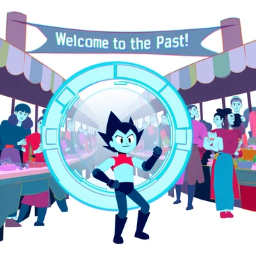 Astro Boy, a small robot boy with spiky black hair and blue and red attire, is stepping out of a glowing, swirling time portal. The portal emits bright colors, creating a contrast with the dull surroundings. He stands in a bustling market filled with vibrant stalls and people dressed in historical clothing from the past. Vendors are selling various goods, including fruits, spices, and handmade crafts. In the background, a large banner hangs across the market with "Welcome to the Past!" written in bold letters. The atmosphere is lively, with people chatting and children playing. Astro Boy looks curious and amazed as he takes in the sights and sounds of the market.