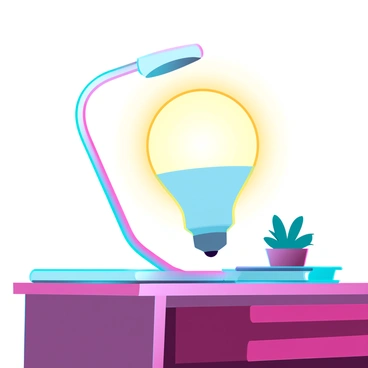 A modern energy-saving LED bulb glowing warmly, emitting a soft yellow light. The bulb is elegantly shaped in a rounded design and is mounted in a sleek, silver lamp. The lamp is placed on a polished wooden bedside table. The table features a few decorative items, such as a small potted succulent and a stack of books. The warm glow from the bulb casts gentle shadows across the table, creating a cozy atmosphere.
