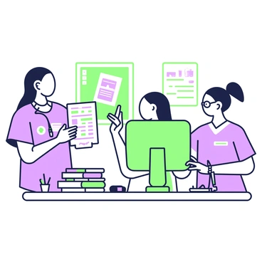 A group of nurses is gathered around a hospital station, engaged in a discussion about patient care. One nurse with long hair is holding a chart and pointing at it, while another nurse with a short ponytail listens intently, taking notes on a tablet. A third nurse, with glasses, is standing near a computer, typing information into the system. There is a neatly organized stack of patient charts on the counter, with colorful tabs visible. The station is equipped with various medical supplies, such as pens and notepads, and a bulletin board in the background displays important memos. The atmosphere is focused and collaborative.