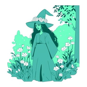 A teal witch is wearing a crown made of glowing white flowers. She stands confidently in a vibrant meadow filled with various wildflowers. The flowers surrounding her are swaying gently in the breeze, adding motion to the scene. The witch has long flowing hair that cascades down her back, and her eyes shine with a soft light. Dappled sunlight filters through the leaves of nearby trees, creating a mystical atmosphere around her.