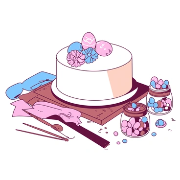 A white Easter cake is elegantly decorated with pastel-colored icing, featuring intricate flowers and delicate sugar eggs on top. The cake is placed on a wooden table, and around it are various crafting supplies. There are colorful ribbons in shades of pink and blue, rolls of wrapping paper, and jars filled with vibrant beads and stickers. Scattered among the supplies are a few paintbrushes and a small pair of scissors. The overall scene is festive and creative, reflecting the joy of Easter celebrations.