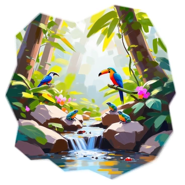A vibrant tropical rainforest teeming with diverse plant and animal life. Lush green foliage covers the landscape, with towering trees that have broad leaves and thick trunks. Vines and colorful flowers drape from branches, adding splashes of color throughout the scene. In the undergrowth, various ferns and shrubs create a dense layer of vegetation. 

Brightly colored birds, such as toucans and parrots, can be seen perched among the branches, their feathers adding vivid hues to the greenery. A small waterfall cascades down rocks, creating a gentle stream that winds through the forest floor. Frogs with vibrant skin colors sit on leaves, while insects flit around, showcasing the rich biodiversity of the environment. The overall atmosphere conveys the life and energy of this thriving ecosystem.