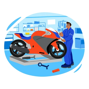 An illustration depicting a mechanic in a blue jumpsuit installing a new motorcycle fairing. The motorcycle is positioned on a steel lift in a well-lit garage with tools and parts scattered around. The fairing is sleek and glossy, showcasing vibrant colors and aerodynamic shapes. The mechanic is focused, using a wrench to secure the fairing in place. There are various motorcycle accessories displayed on shelves in the background, adding to the workshop ambiance.
