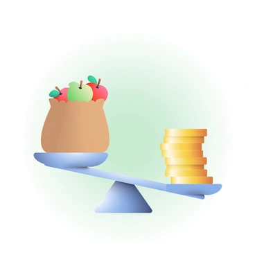 A pair of silver scales is positioned in the center of the image. On the left side of the scales, there is a brown paper bag filled with red and green apples, some of which are peeking out of the top. On the right side, there is a neat stack of shiny gold coins arranged in a perfect column. The scales indicate a slight tilt towards the bag of apples. The background is a soft gradient transitioning from pale blue at the top to a light green at the bottom.