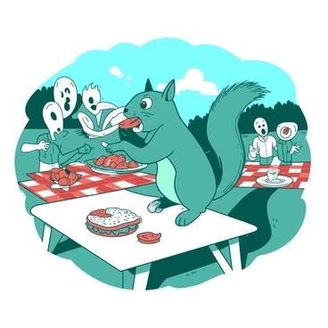 A teal mischievous squirrel is perched on the edge of a white picnic table, with its paws clutching a sandwich. The sandwich is half-eaten, with layers of lettuce and tomato visible. The picnic table is surrounded by several surprised picnickers who are staring wide-eyed at the squirrel. They have expressions of shock and amusement, with one person holding a plate of fruit and another reaching out as if to shoo the squirrel away. In the background, there are picnic blankets spread out and a bright blue sky overhead.