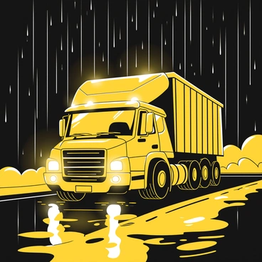 A truck with bright lights is driving down a wet road at night. The rain is falling heavily, creating puddles on the asphalt. The headlights of the truck illuminate the surface, and the reflection of the lights can be seen glistening on the wet pavement. The surrounding area is dark, with only the light from the truck breaking through the rain. The raindrops are visible, creating a sense of depth and movement in the scene.
