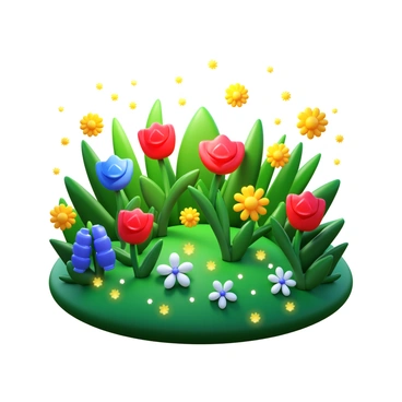 A lush garden filled with a variety of colorful flowers blooming in different shapes and sizes. The flowers include vibrant red roses, sunny yellow daisies, and delicate bluebells. The garden is bathed in the soft glow of evening light, casting gentle shadows on the ground. Numerous fireflies are scattered throughout the scene, creating tiny dots of light that sparkle in the twilight. The greenery of the garden contrasts beautifully with the bright hues of the flowers, enhancing the tranquil atmosphere of the evening.