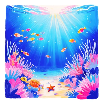 An underwater scene features various shades of "blue" that transition from light azure near the surface to deep navy at the bottom. Scattered throughout the image are several "sea creatures," including a school of "colorful fish" darting among coral reefs, a gentle "sea turtle" gliding gracefully, and a "starfish" resting on the sandy ocean floor. Sunlight filters through the water, creating shimmering patterns on the sandy bottom. Small "bubbles" rise toward the surface, adding to the lively underwater atmosphere.