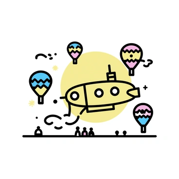 An airship gliding through the sky, its silhouette detailed against a vibrant backdrop. Surrounding the airship are several colorful hot air balloons in various shapes and sizes, each displaying unique patterns and bright colors. The sky is filled with a warm glow, indicating a lively festival atmosphere, with wispy clouds adding depth and texture. The ground below is faintly visible, suggesting a gathering of spectators enjoying the festivities.