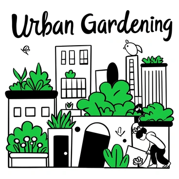 A city skyline in the background with multiple rooftops covered in greenery. Various types of plants such as herbs, vegetables, and flowers are arranged in containers and raised beds on the roofs. A person is kneeling beside a planter, tending to the plants. Birds are perched on the ledges of the buildings, and a few butterflies are flying around the vibrant greenery. The title "Urban Gardening" is displayed prominently above the scene.